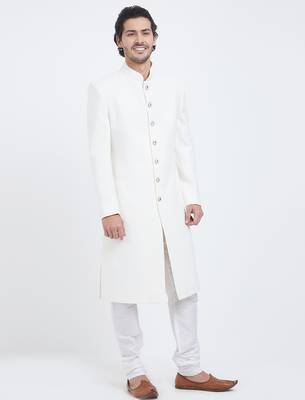 Off white art silk straight plain navabi sherwani for men's 4