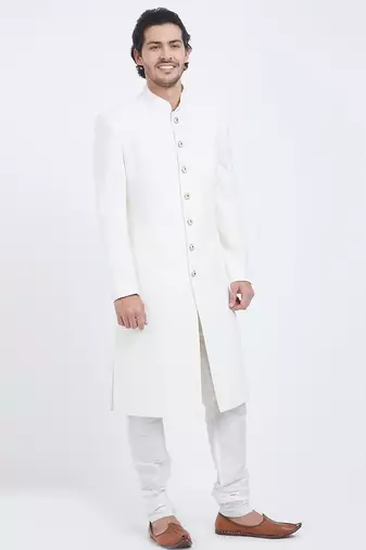 Off white art silk straight plain navabi sherwani for men's