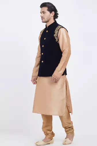Black velvet straight handwork nehru jacket & kurta for men's