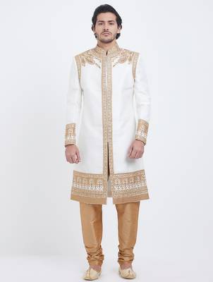 Off white art silk straight embroidery with handwork sherwani for men's 1