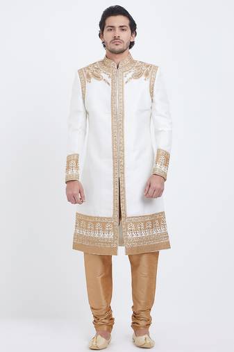 Off white art silk straight embroidery with handwork sherwani for men's