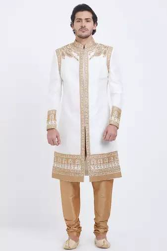 Off white art silk straight embroidery with handwork sherwani for men's