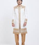 Off white art silk straight embroidery with handwork sherwani for men's
