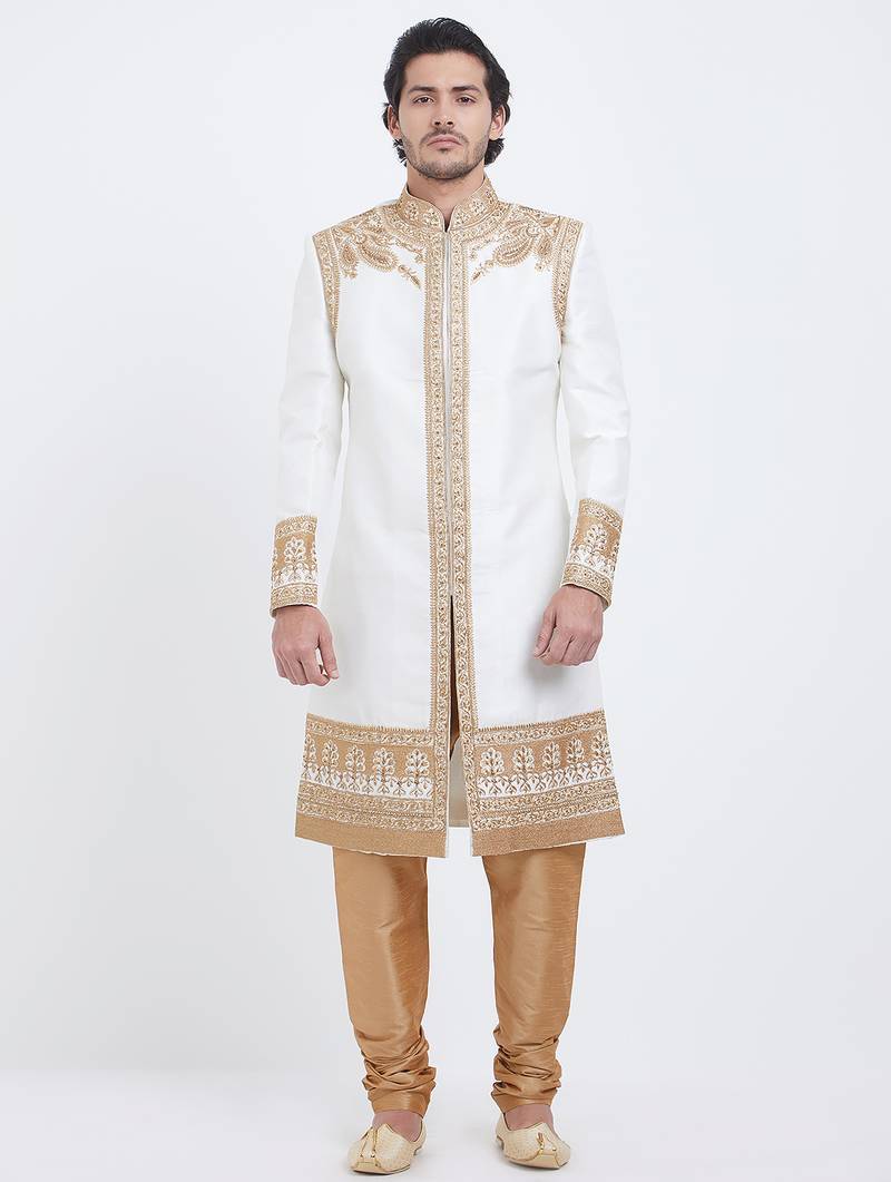 Off white art silk straight embroidery with handwork sherwani for men's