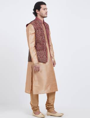 Grey Art silk straight embroidery nehru jacket & kurta for men's 5