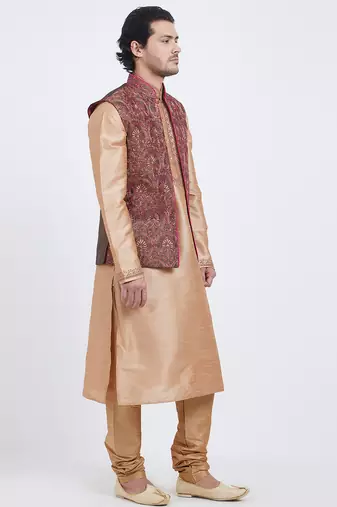 Grey art silk straight embroidery nehru jacket & kurta for men's