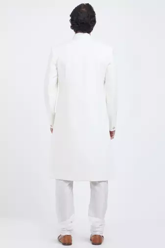 Off white art silk straight plain navabi sherwani for men's