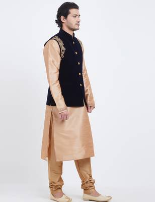 Black velvet straight handwork nehru jacket & kurta for men's 3