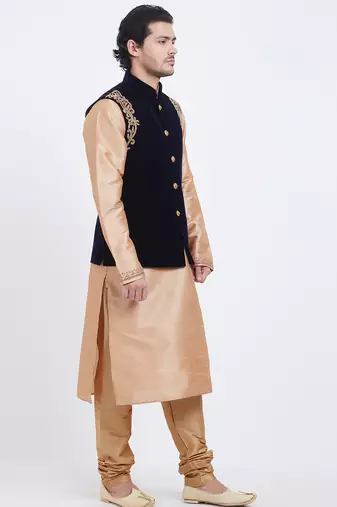 Black velvet straight handwork nehru jacket & kurta for men's