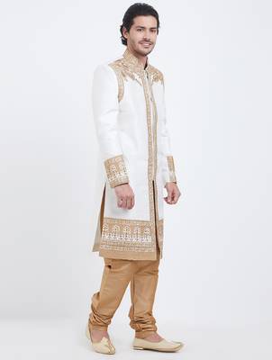 Off white art silk straight embroidery with handwork sherwani for men's 2