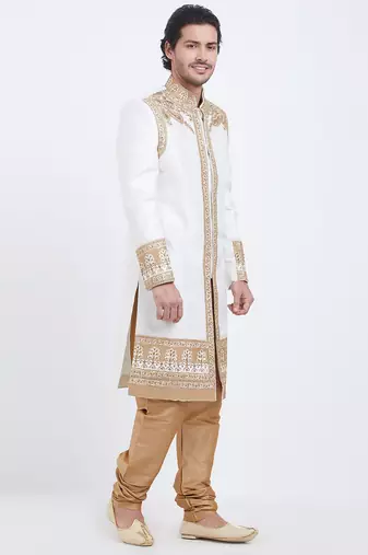 Off white art silk straight embroidery with handwork sherwani for men's