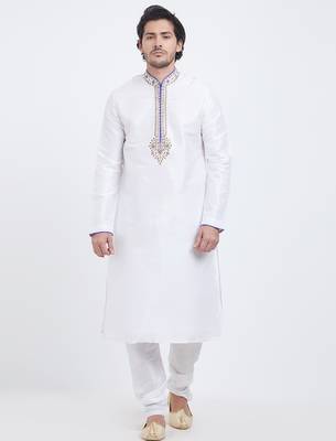 Off white art silk straight embroidery kurta for men's 1