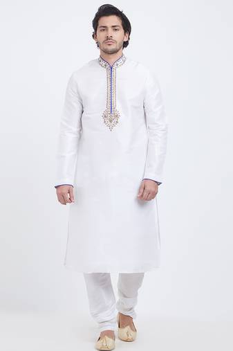 Off white art silk straight embroidery kurta for men's