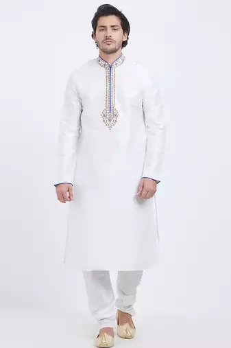 Off white art silk straight embroidery kurta for men's