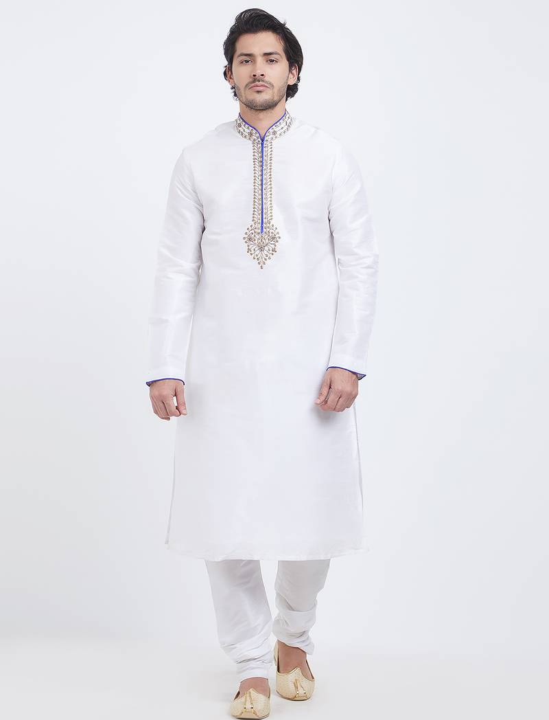 Off white art silk straight embroidery kurta for men's