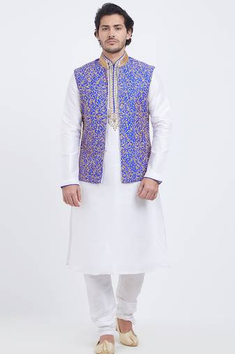 Purple art silk straight embroidery nehru jacket & kurta for men's