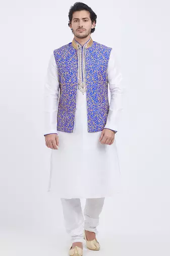 Purple art silk straight embroidery nehru jacket & kurta for men's
