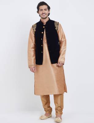 Black velvet straight handwork nehru jacket & kurta for men's 4