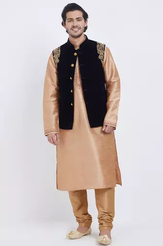 Black velvet straight handwork nehru jacket & kurta for men's
