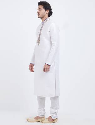 Off white art silk straight embroidery kurta for men's 2