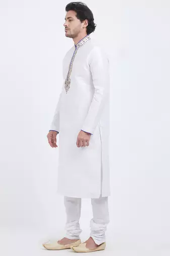 Off white art silk straight embroidery kurta for men's