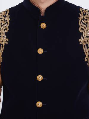 Black velvet straight handwork nehru jacket & kurta for men's 5