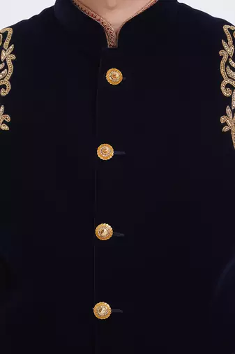Black velvet straight handwork nehru jacket & kurta for men's