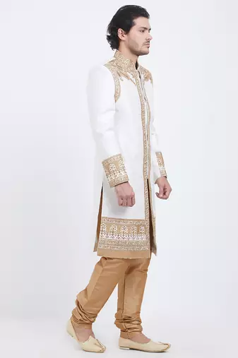 Off white art silk straight embroidery with handwork sherwani for men's