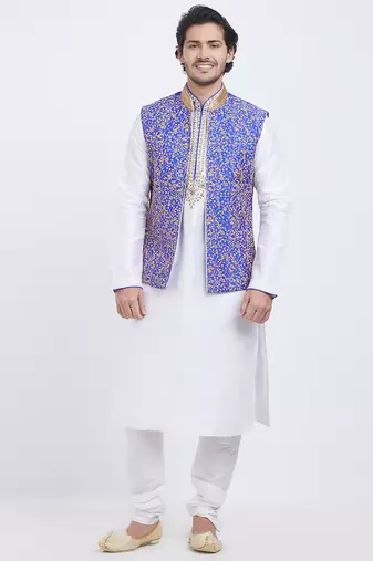Purple art silk straight embroidery nehru jacket & kurta for men's