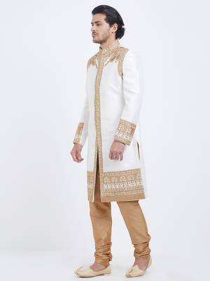 Off white art silk straight embroidery with handwork sherwani for men's 5