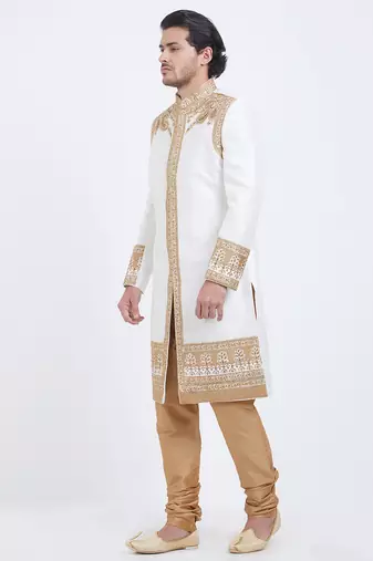 Off white art silk straight embroidery with handwork sherwani for men's