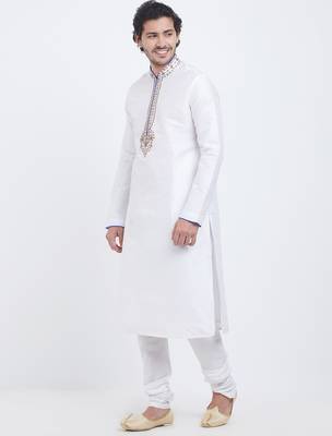 Off white art silk straight embroidery kurta for men's 4