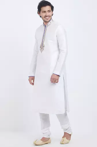 Off white art silk straight embroidery kurta for men's