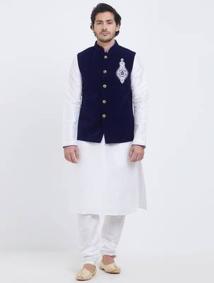Dark blue velvet straight handwork nehru jacket & kurta for men's 1