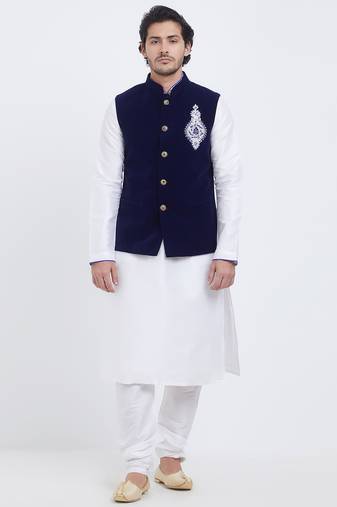 Dark blue velvet straight handwork nehru jacket & kurta for men's