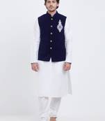 Dark blue velvet straight handwork nehru jacket & kurta for men's