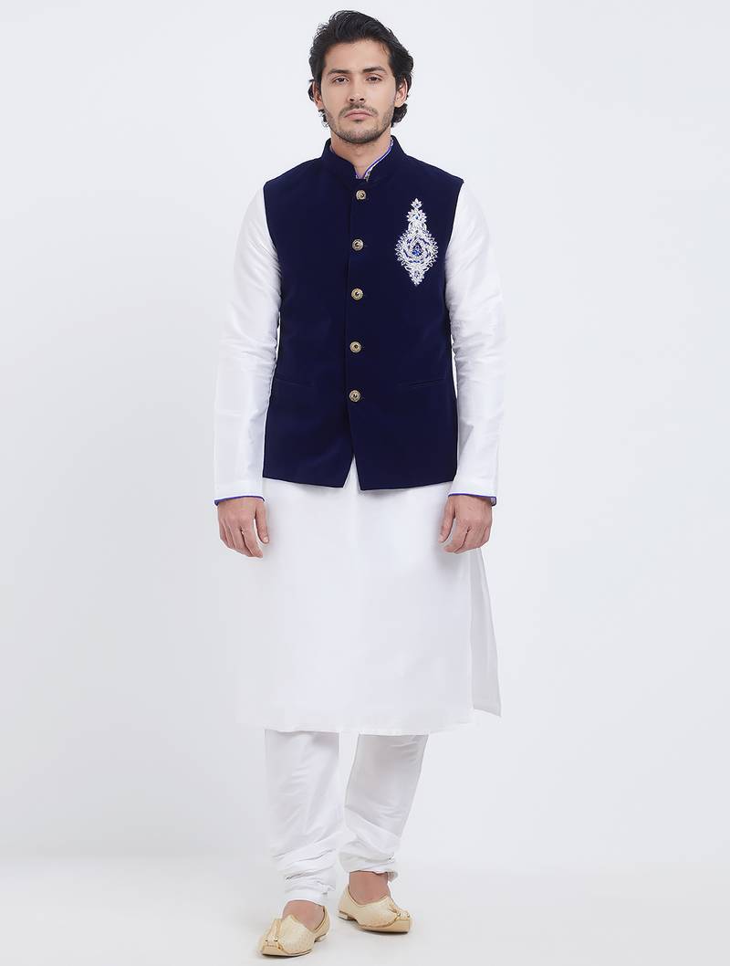 Dark blue velvet straight handwork nehru jacket & kurta for men's