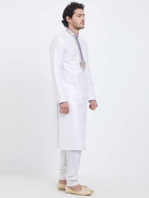 Off white art silk straight embroidery kurta for men's 5
