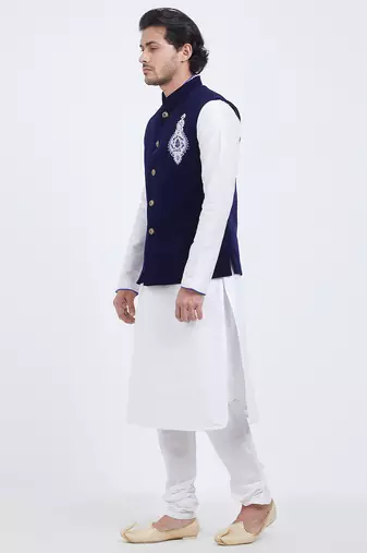 Dark blue velvet straight handwork nehru jacket & kurta for men's