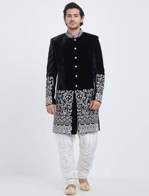 Black velvet straight handwork sherwani for men's 1