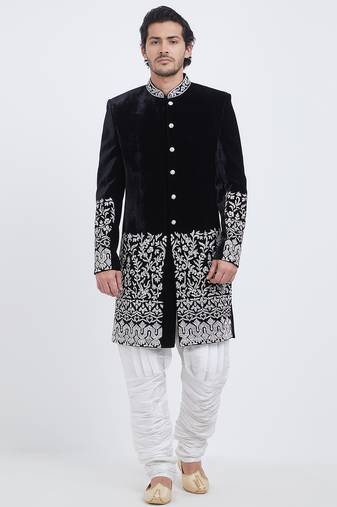 Black velvet straight handwork sherwani for men's