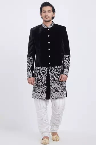 Black velvet straight handwork sherwani for men's