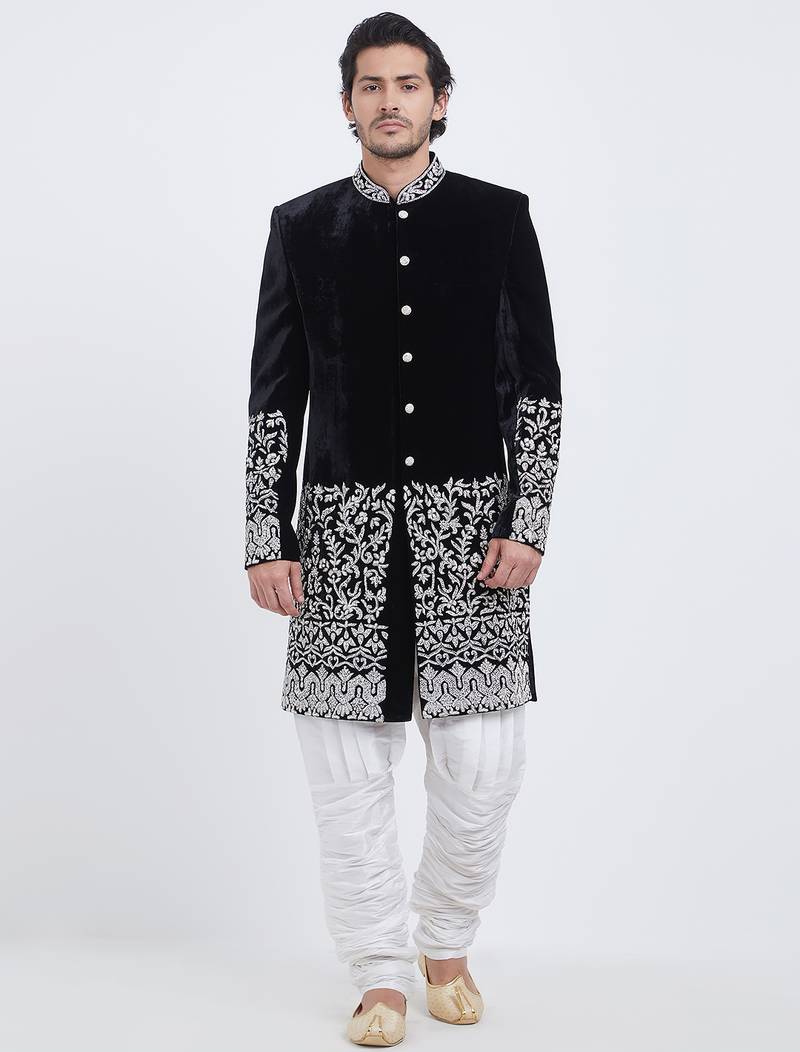 Black velvet straight handwork sherwani for men's