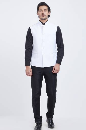 Off white art silk straight plain nehru jacket for men's