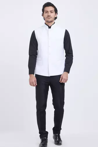 Off white art silk straight plain nehru jacket for men's