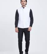 Off white art silk straight plain nehru jacket for men's