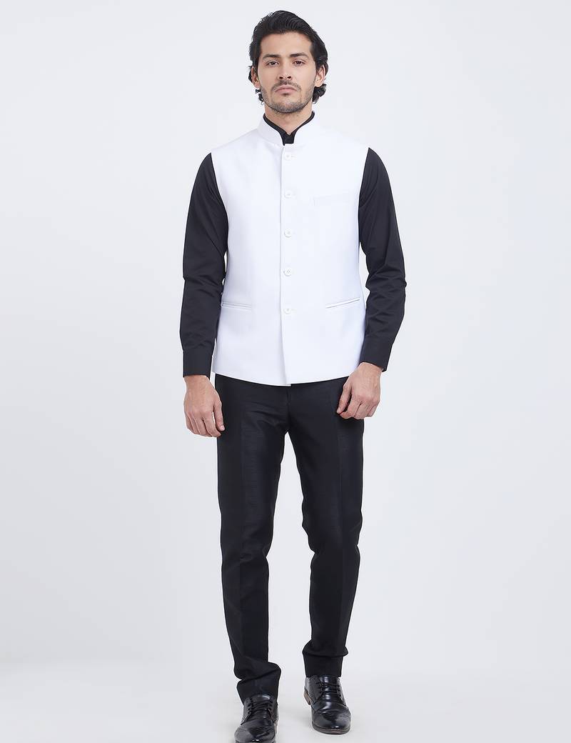 Off white art silk straight plain nehru jacket for men's