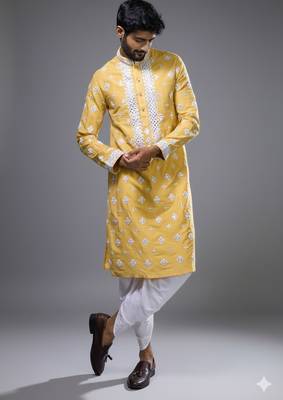 Mustard silk blend straight embroidery, mirror mustard silk blend embroidery, mirrors floral and work kurta pant set 3