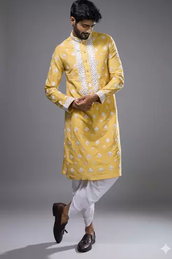 Mustard silk straight embroidery, mirror mustard silk embroidery, mirrors floral and work kurta pant set