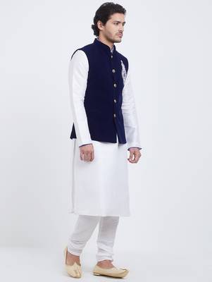 Dark blue velvet straight handwork nehru jacket & kurta for men's 3